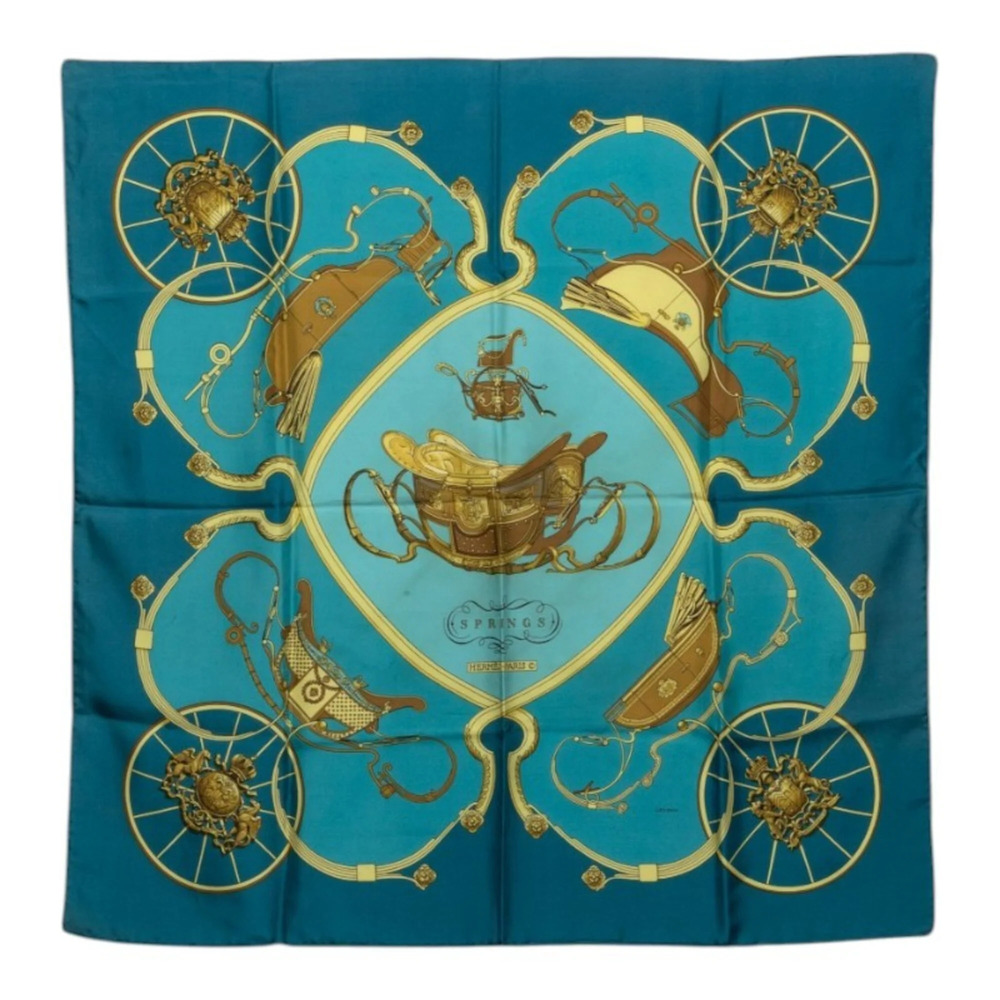 Hermes Carre 90 Springs Scarf/Muffler, Blue/Gold, Silk, Women's.